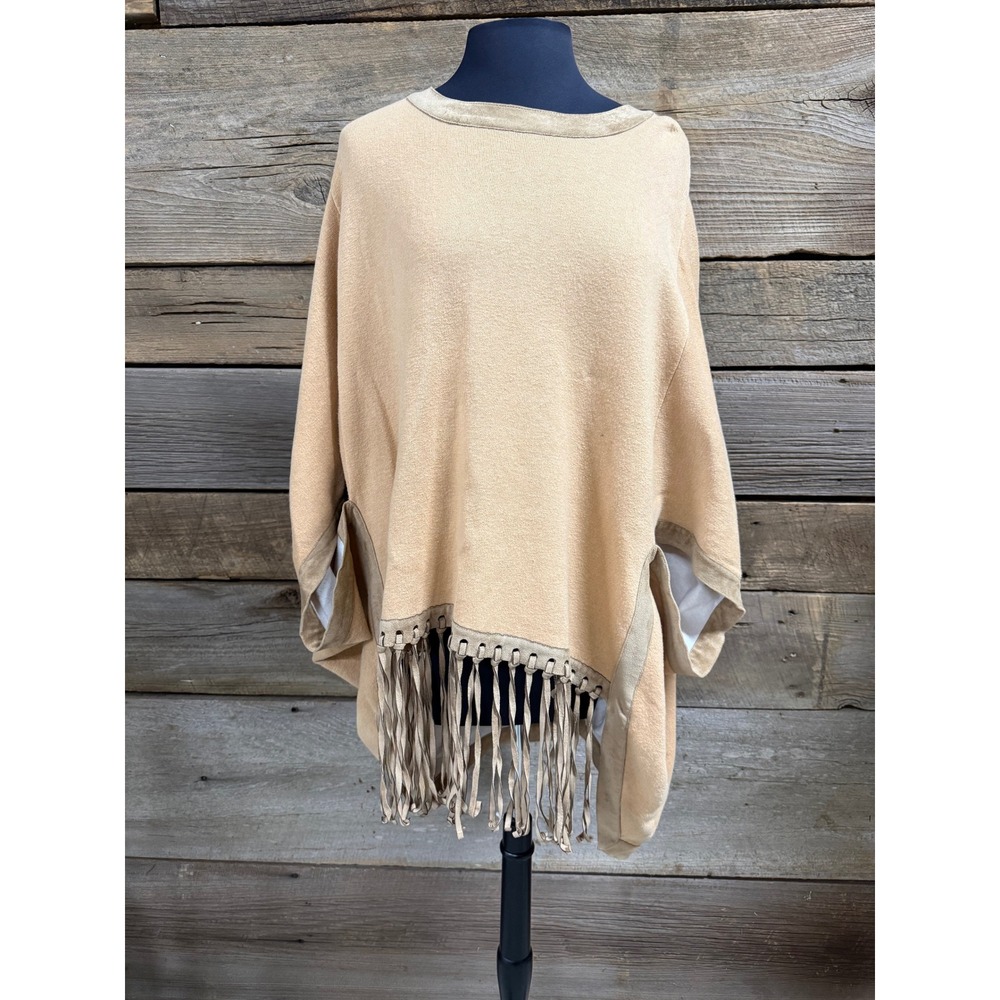 Tyler Boe Tan Cotton Cashmere Blend Fringe Poncho Sweater M/L Faux Suede Trim